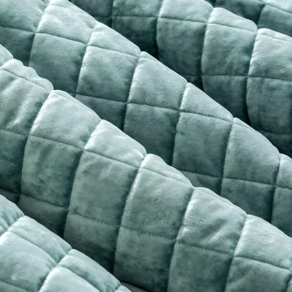 Aqua Green Blue Soft Quilted Squares Velvet Quilt Bedding 3pc Set Queen Size Bed